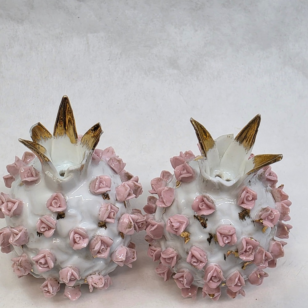 Vtg Salt and Pepper Shakers Pink Rose Gold Pineapple KW3053 Japan FAIR Cond READ - Picture 6 of 10